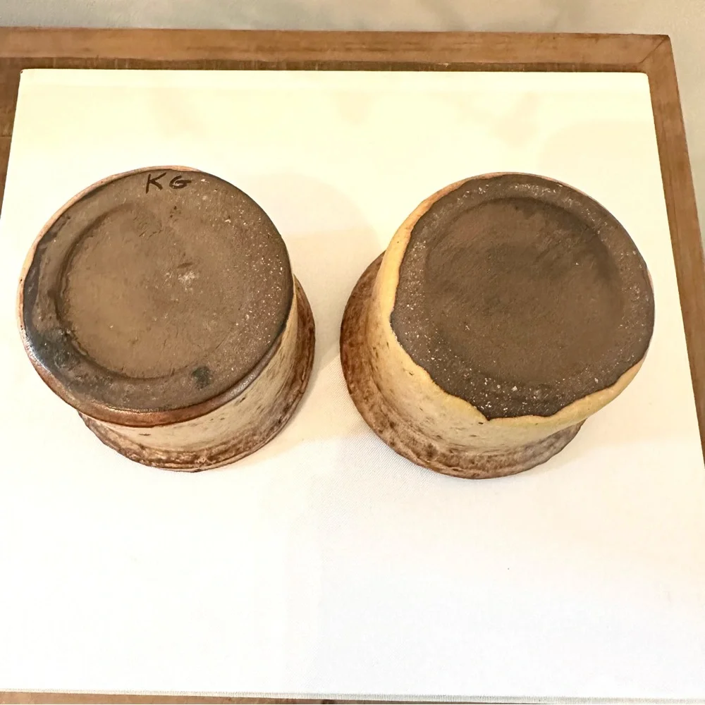 Handmade Ceramic Stoneware Pottery Bowls Votive Planter Set of 2 Brown Tan